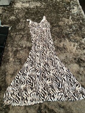 Jennifer Lopez Black and White Zebra Print Maxi Slip Dress